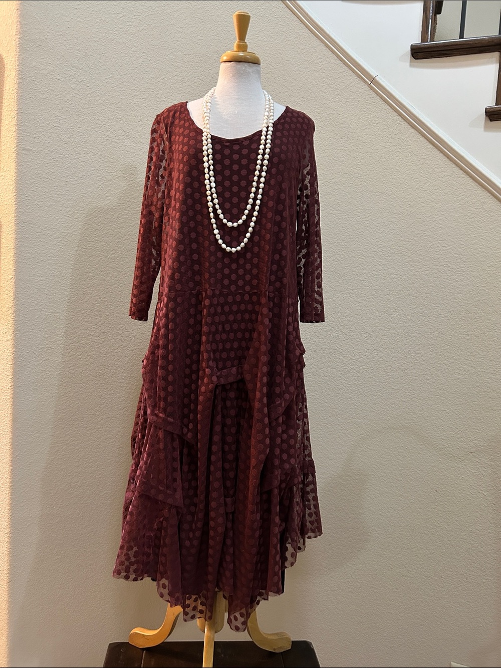 Long  Sleeve Kozan Burgundy Polka Dot Layered Maxi Dress